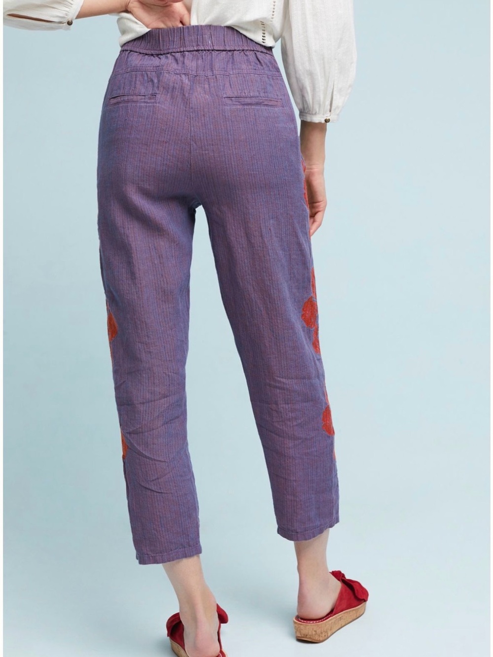 Purple Embroidered Relaxed Linen Blend Pants - Picture 4 of 8